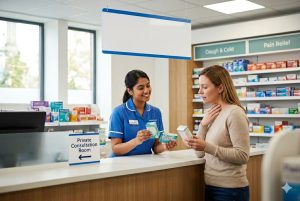 Pharmacy assistant discussing sore throat remedies with a customer at a Pharmacy First counter, with medicines visible on shelves.