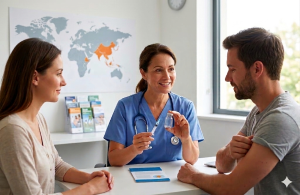 Travel health nurse discusses the Japanese Encephalitis vaccine with a couple, with a world map highlighting risk regions.