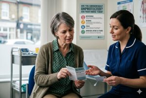 Nurse discussing a DTP booster with an older woman beside a poster on diphtheria, tetanus and polio protection fading over time