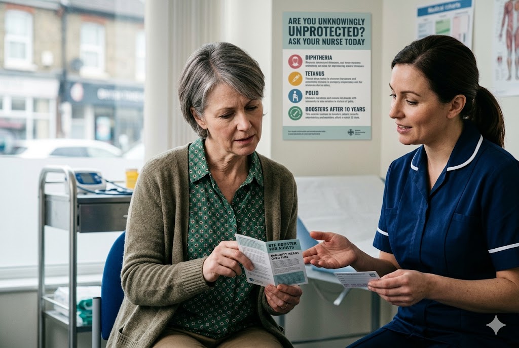 Nurse discussing a DTP booster with an older woman beside a poster on diphtheria, tetanus and polio protection fading over time