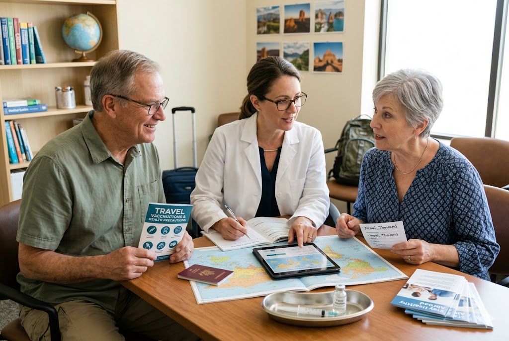 Ham Pharmacy Group pharmacist advising an older couple on travel vaccinations and precautions, with a world map and travel documents