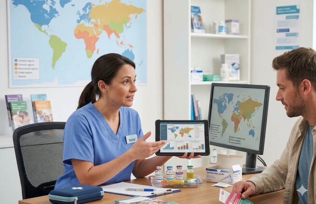 Ham Pharmacy Group pharmacist showing a traveller a world map of chikungunya risk regions during a travel health consultation