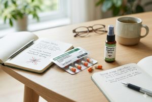 Anti-malarial tablets, mosquito repellent spray and dosage notes laid out on a desk for travel health preparation.