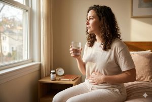 Woman sitting on her bed holding a glass of water with a supplement bottle nearby, managing recurring UTI symptoms.