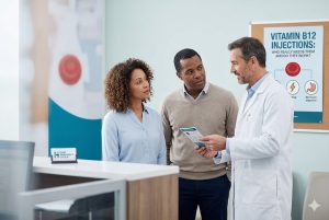 Pharmacist at Ham Pharmacy Group discusses Vitamin B12 injections with a couple using an informational leaflet.