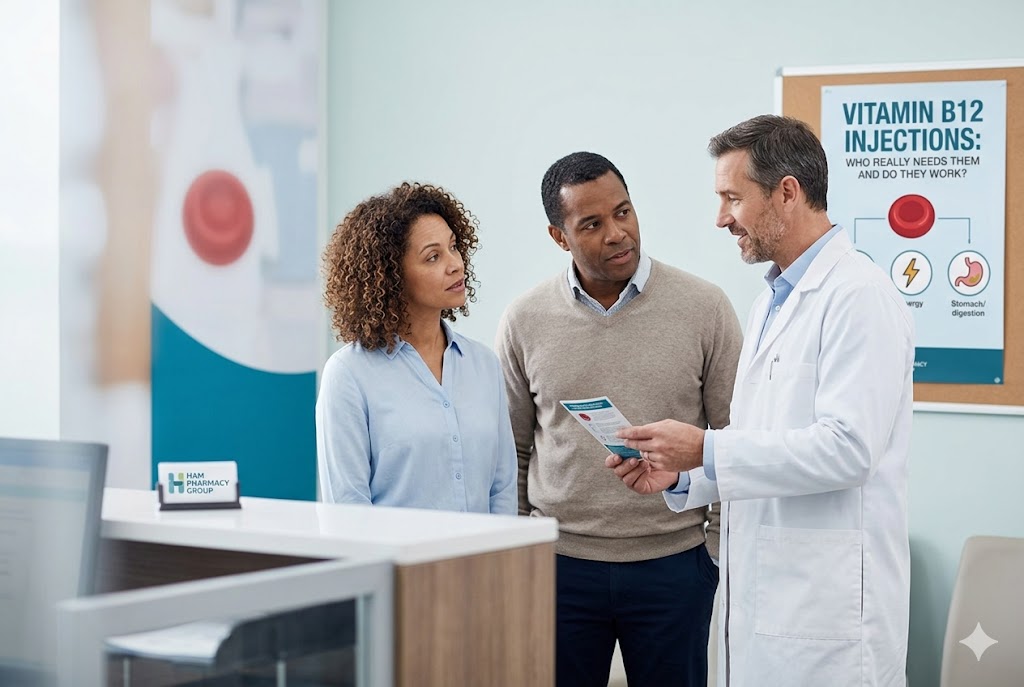 Pharmacist at Ham Pharmacy Group discusses Vitamin B12 injections with a couple using an informational leaflet.