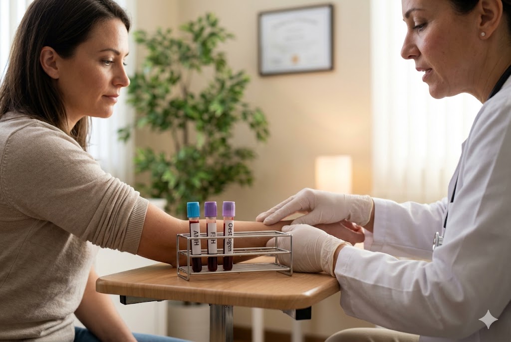 Doctor reviewing hormone blood test samples with a female patient, including oestrogen and FSH vials, in a consultation room.