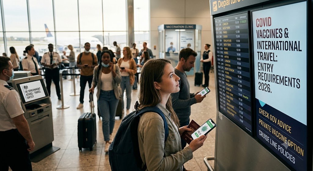 Traveller with a digital vaccine certificate checking the departures board at an airport terminal