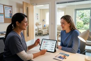 Ham Pharmacy Group clinician showing a woman a tablet explaining blood test results for tiredness, holding a blood sample for testing