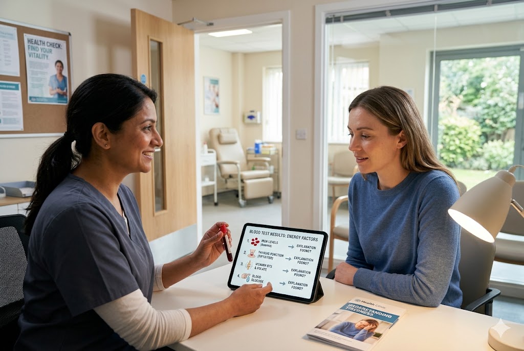 Ham Pharmacy Group clinician showing a woman a tablet explaining blood test results for tiredness, holding a blood sample for testing