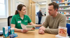 Pharmacy First adviser explaining a sinusitis support leaflet to a man, with saline spray, decongestant, ibuprofen and a sinus model nearby
