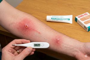 Forearm with two infected insect bites and a thermometer reading 38.2 degrees, beside Pharmacy First infected bite cream and plasters