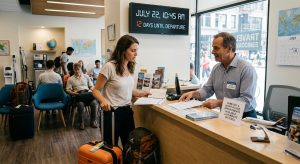 Traveller with luggage booking last-minute vaccinations at a travel clinic counter before departure