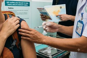 Traveller receiving a rabies vaccination in the arm at a travel health clinic