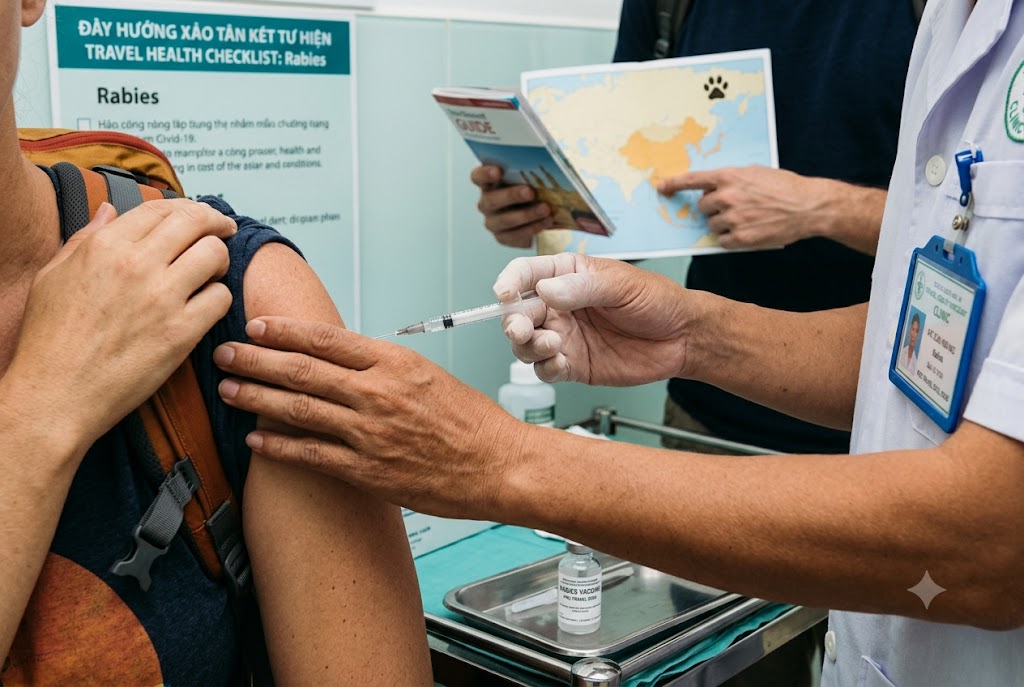 Traveller receiving a rabies vaccination in the arm at a travel health clinic