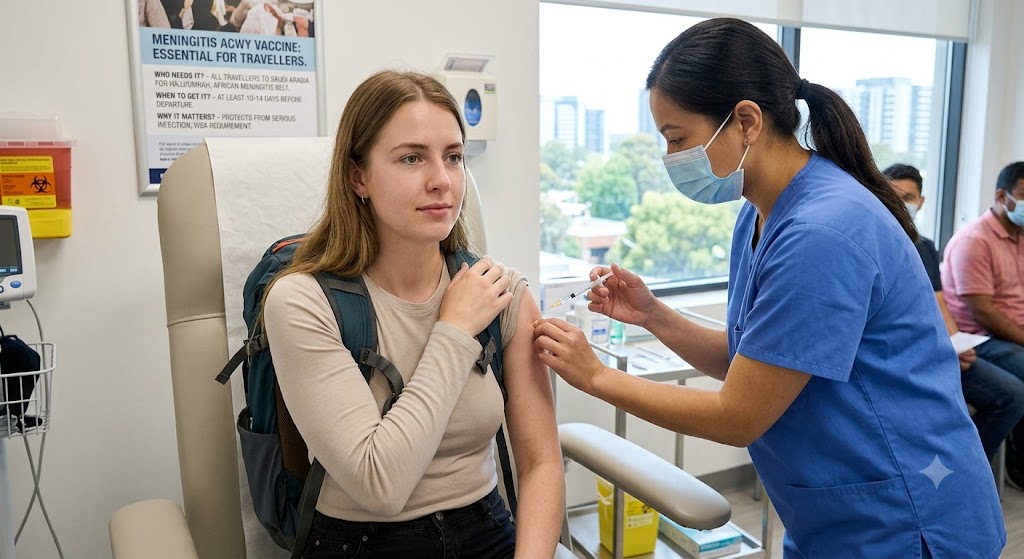 Young female traveller with a backpack receiving the Meningitis ACWY vaccine from a nurse