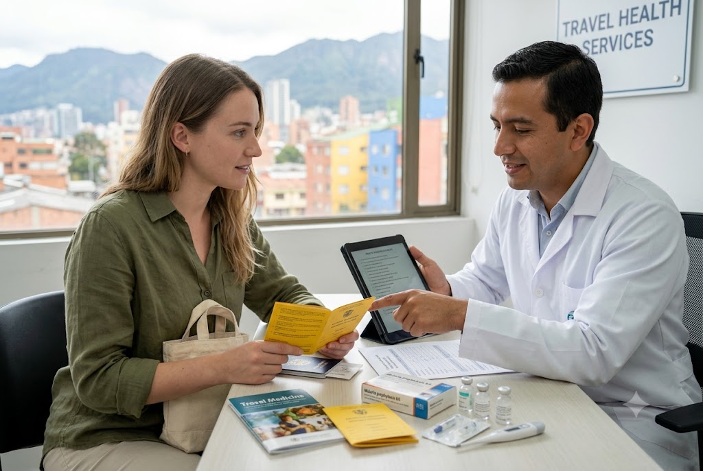 Traveller reviewing a vaccination certificate with a doctor at a travel health services clinic