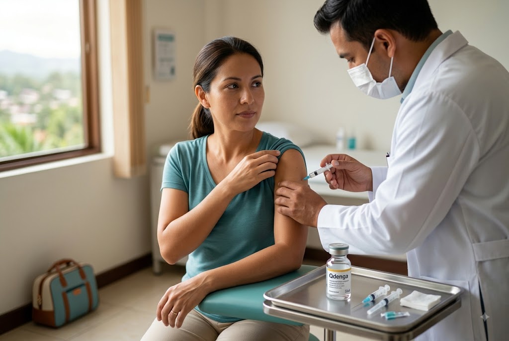 A doctor administers a Qdenga dengue fever vaccine injection to a female patient in a clinic, with a tropical landscape visible outside.