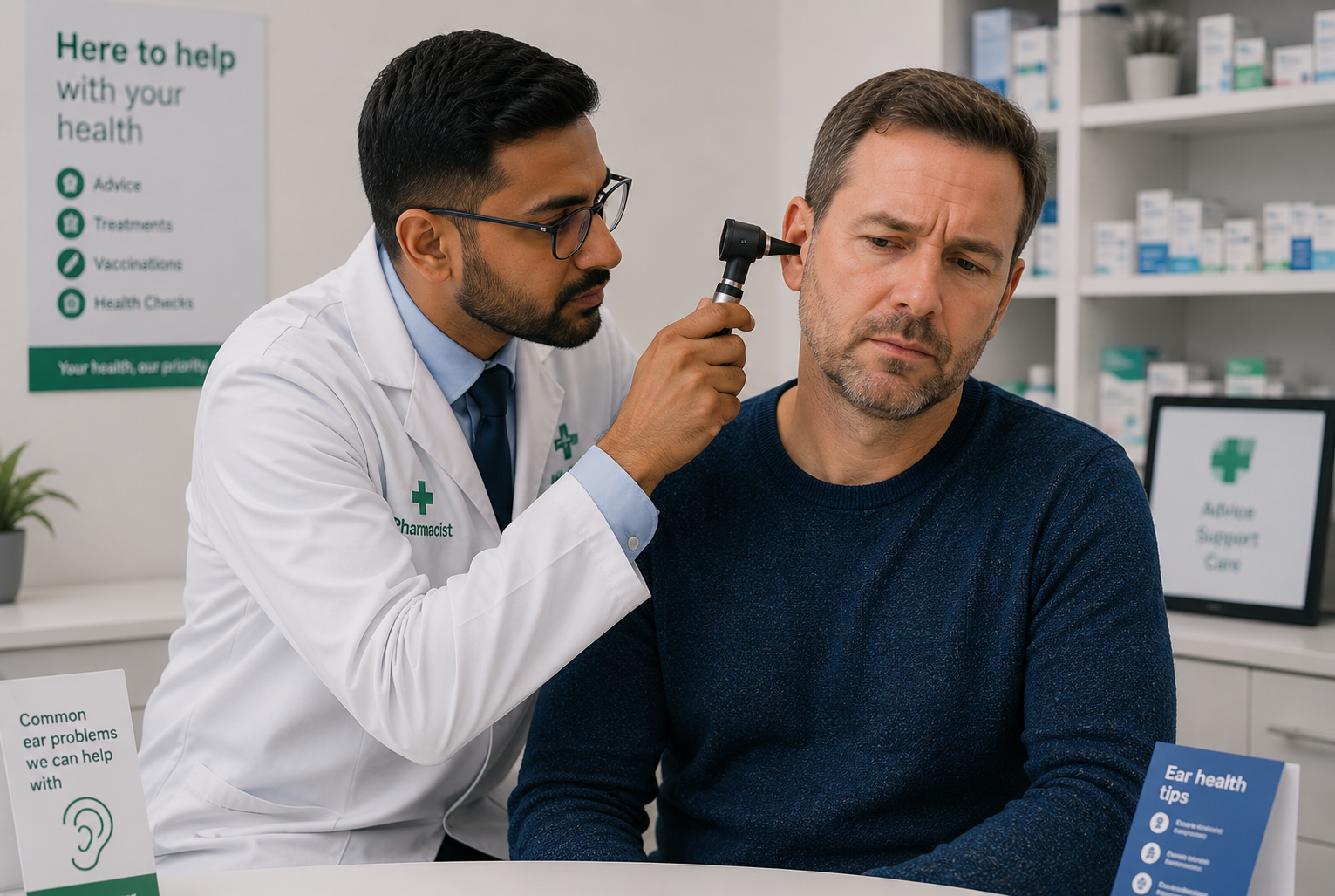 A pharmacist uses an otoscope to examine a male patient's ear in a pharmacy consultation area, with ear health signage nearby.