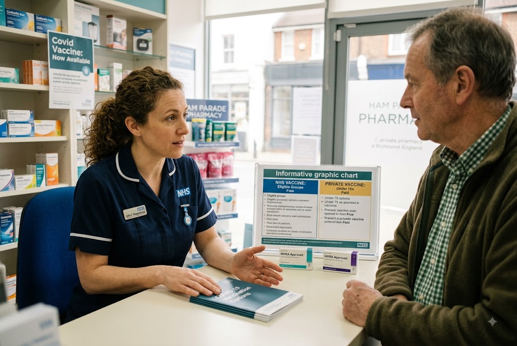 An NHS pharmacist at Ham Parade Pharmacy explains the difference between NHS and private Covid vaccines to an older male patient.