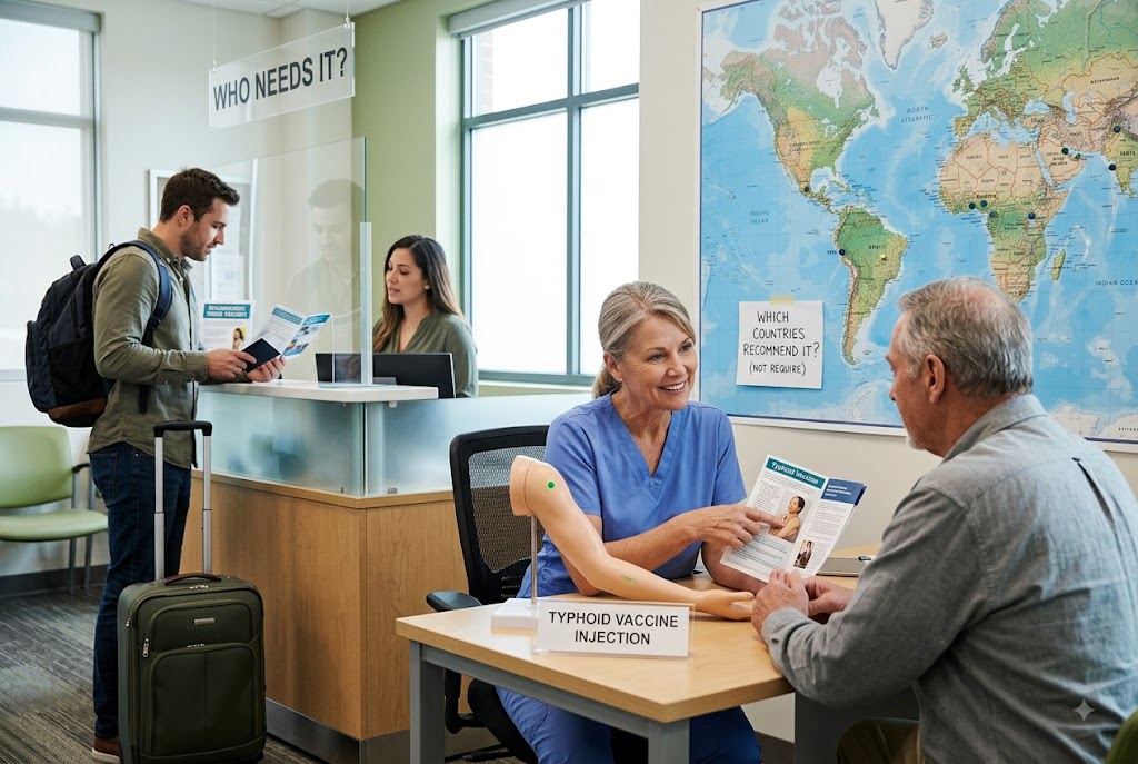 A travel health nurse discusses the typhoid vaccine injection with an older male patient in a clinic, with a world map displayed behind.