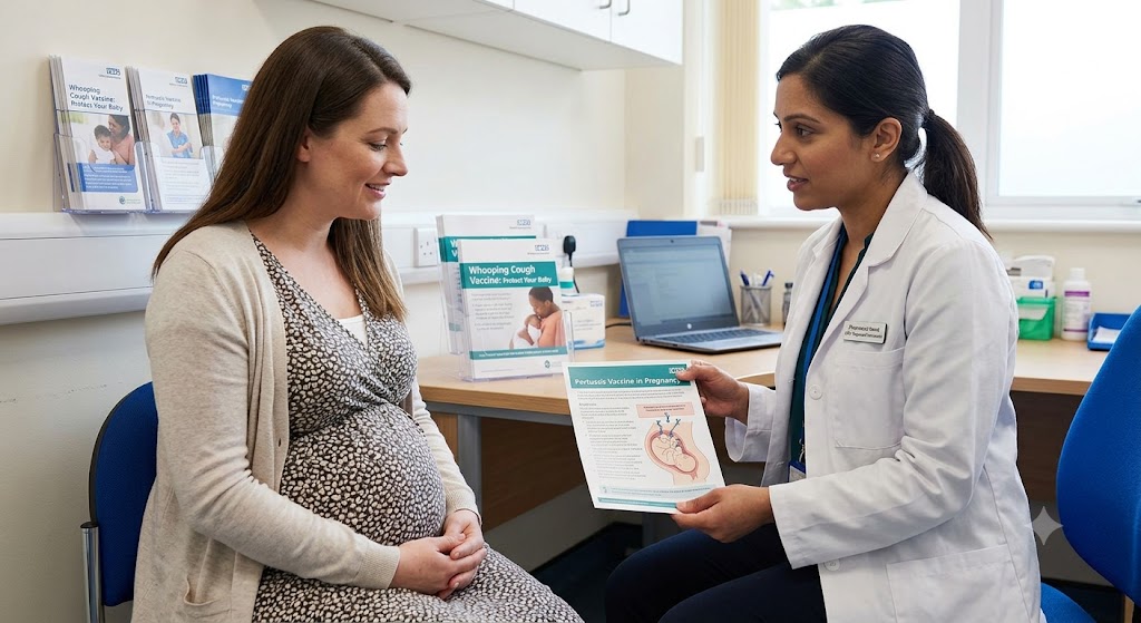 A clinician speaks with a pregnant woman during a consultation, with a whooping cough vaccination leaflet and baby health poster visible.